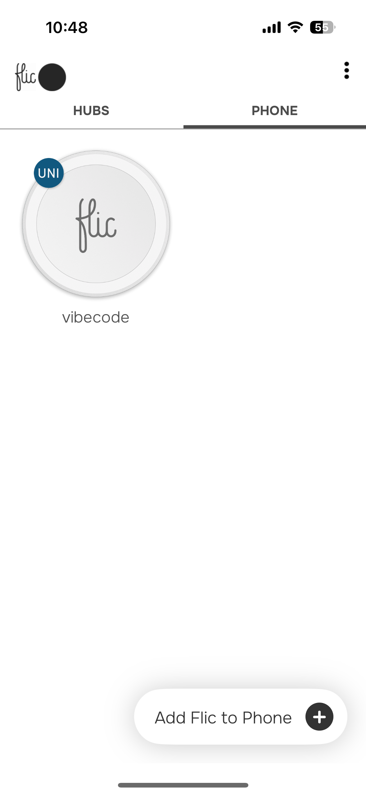 Flic app home — button named vibecode in Universal mode