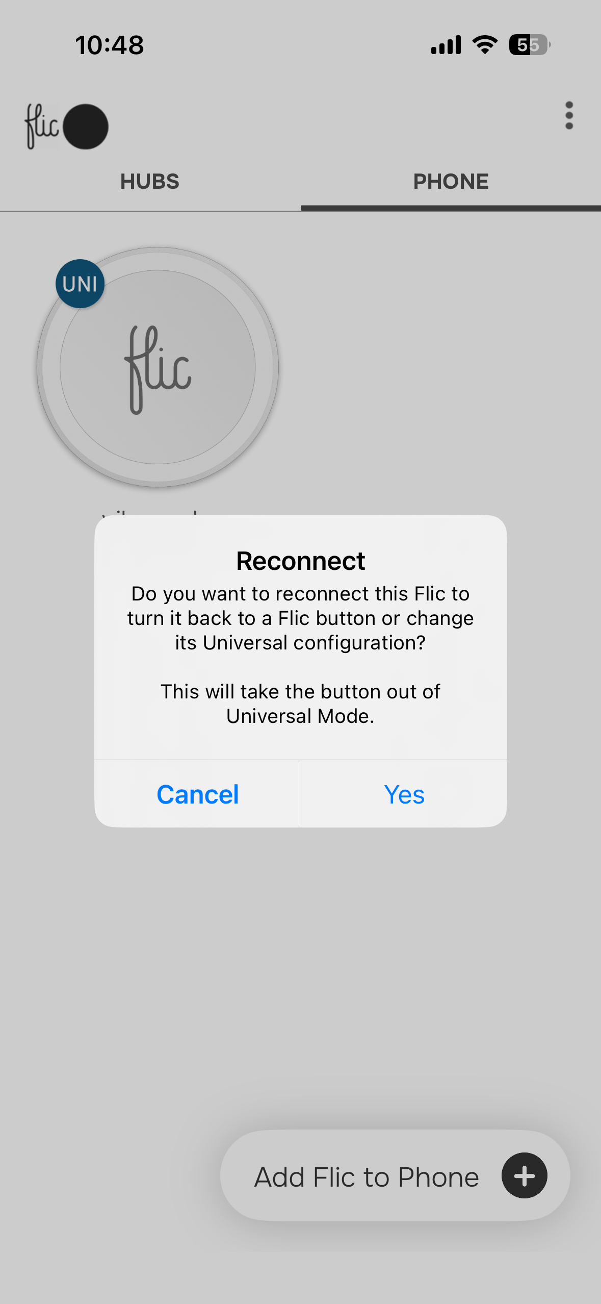 Reconnect dialog to change Universal configuration