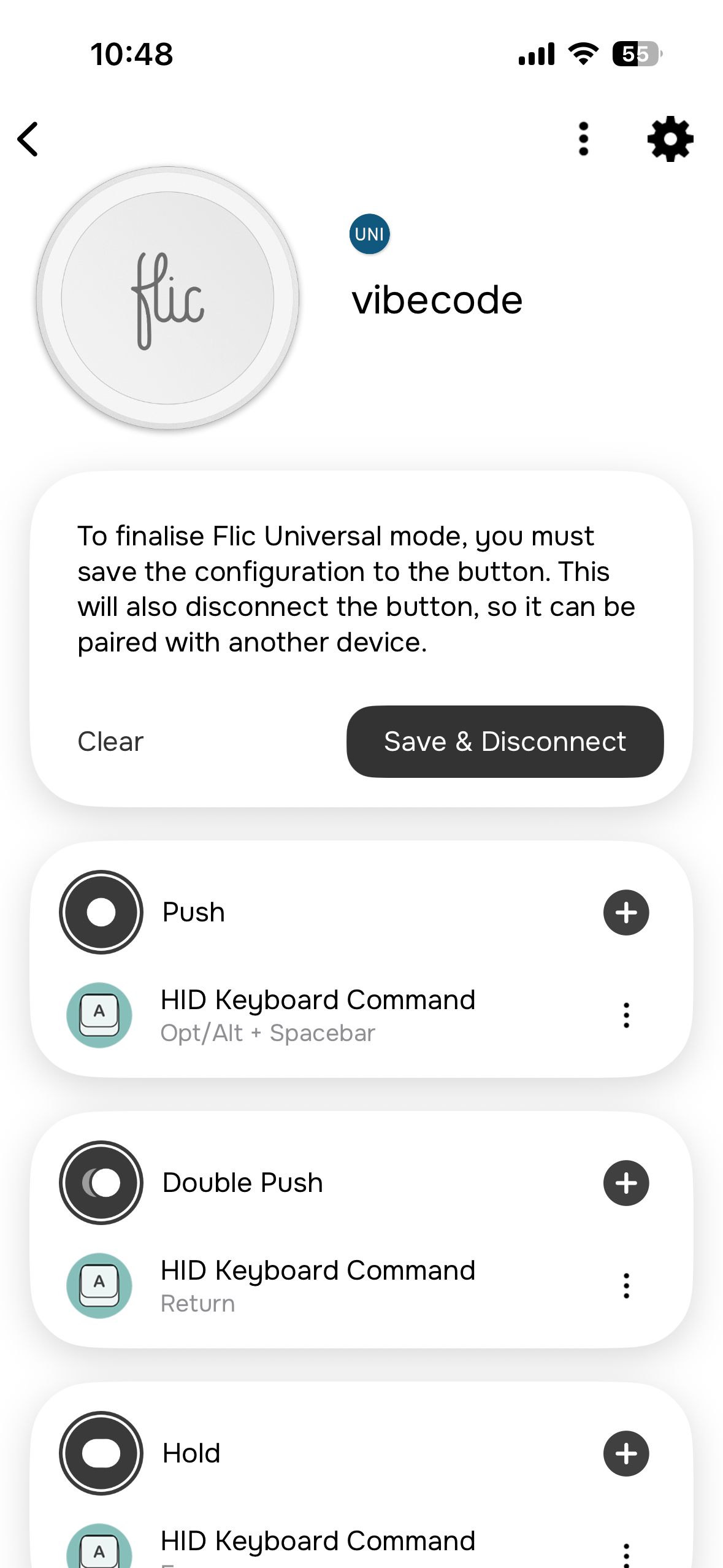 Flic config — Push sends Opt/Alt + Spacebar, Double Push sends Return