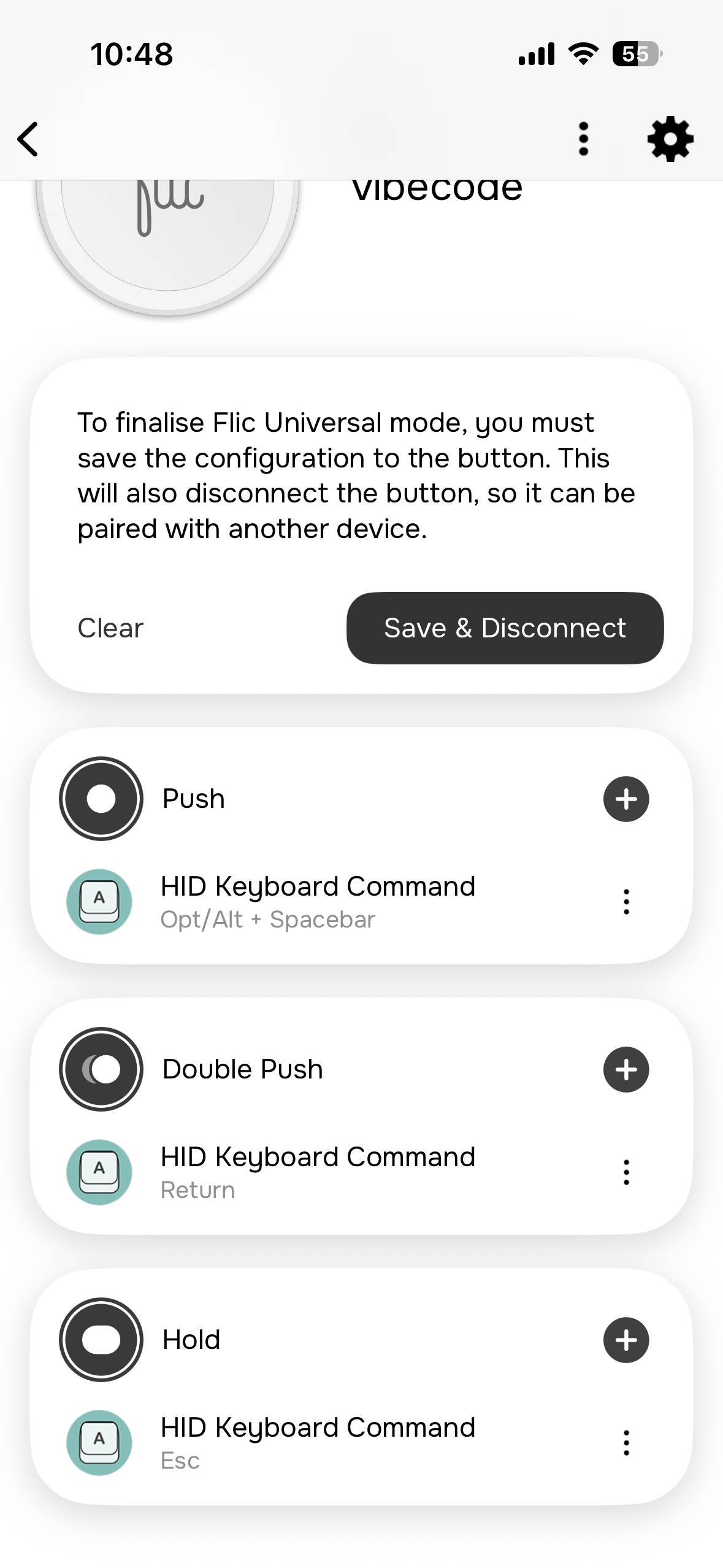 Full Flic config — Push, Double Push, and Hold commands